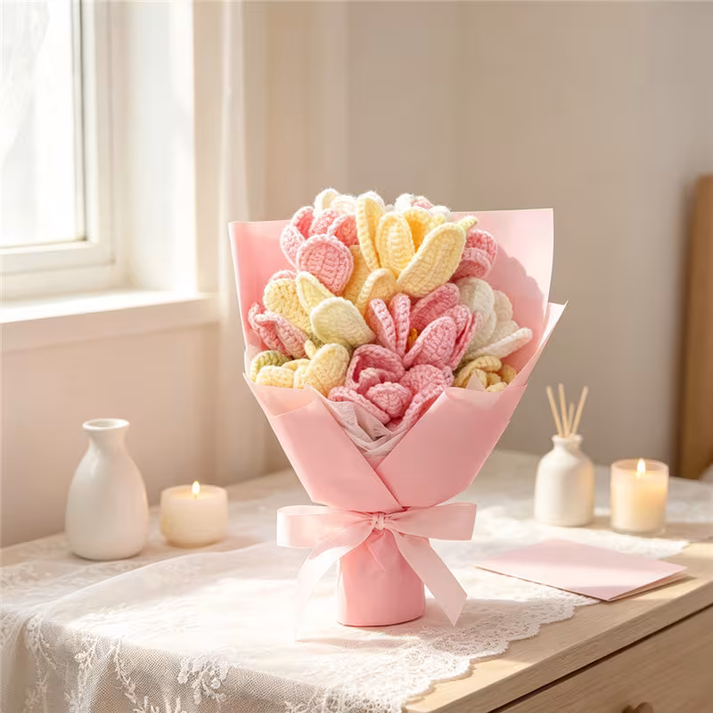 Handmade Crochet Tulip Flower Bouquet, Everlasting Soft Yarn Crochet Gradient Tulips Arrangement, Eternal Artificial Crochet Floral Ornament For Home Decor, Birthday & Holiday Gifts