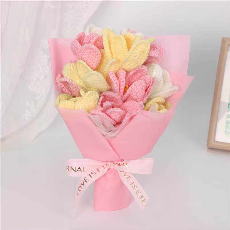 Handmade Crochet Tulip Flower Bouquet, Everlasting Soft Yarn Crochet Gradient Tulips Arrangement, Eternal Artificial Crochet Floral Ornament For Home Decor, Birthday & Holiday Gifts