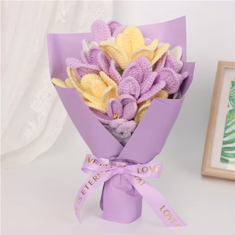 Handmade Crochet Tulip Bouquet, Everlasting Soft Yarn Crochet Purple Yellow Mixed Tulip Flowers, Eternal Handmade Crochet Floral Ornament For Home Decor, Anniversary, Birthday & Holiday Gifts