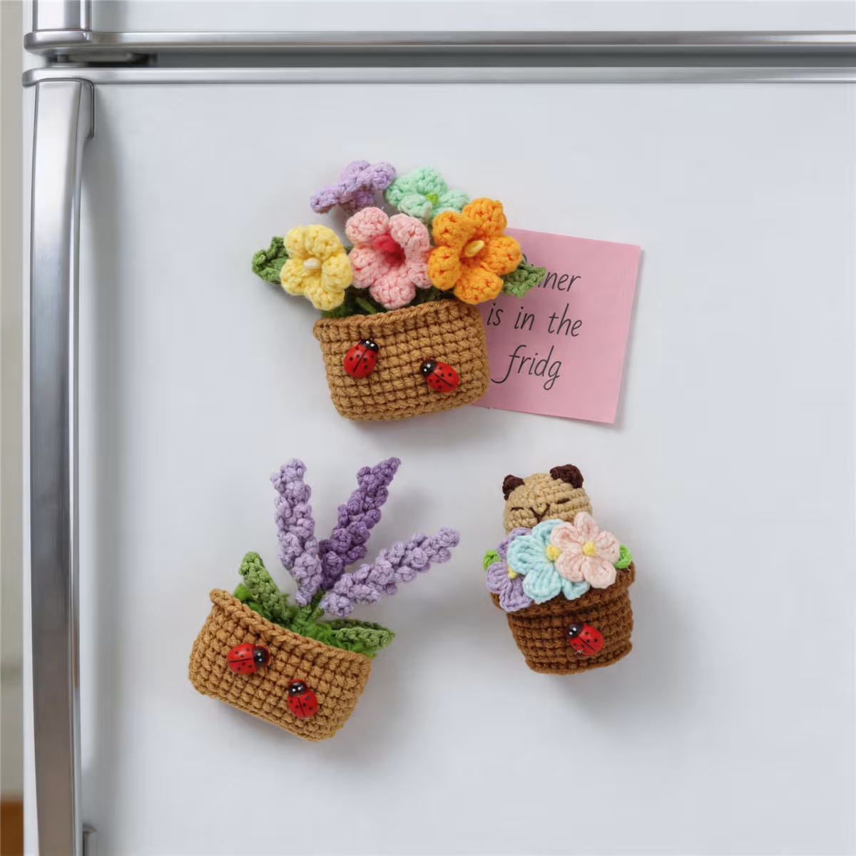 Handmade Crochet Potted Plant Fridge Magnet Three Piece Set With Ladybug Accessories Cute Doll Flower Soft Yarn Everlasting Crochet Decor Indoor Home Magnetic Decoration Ornament