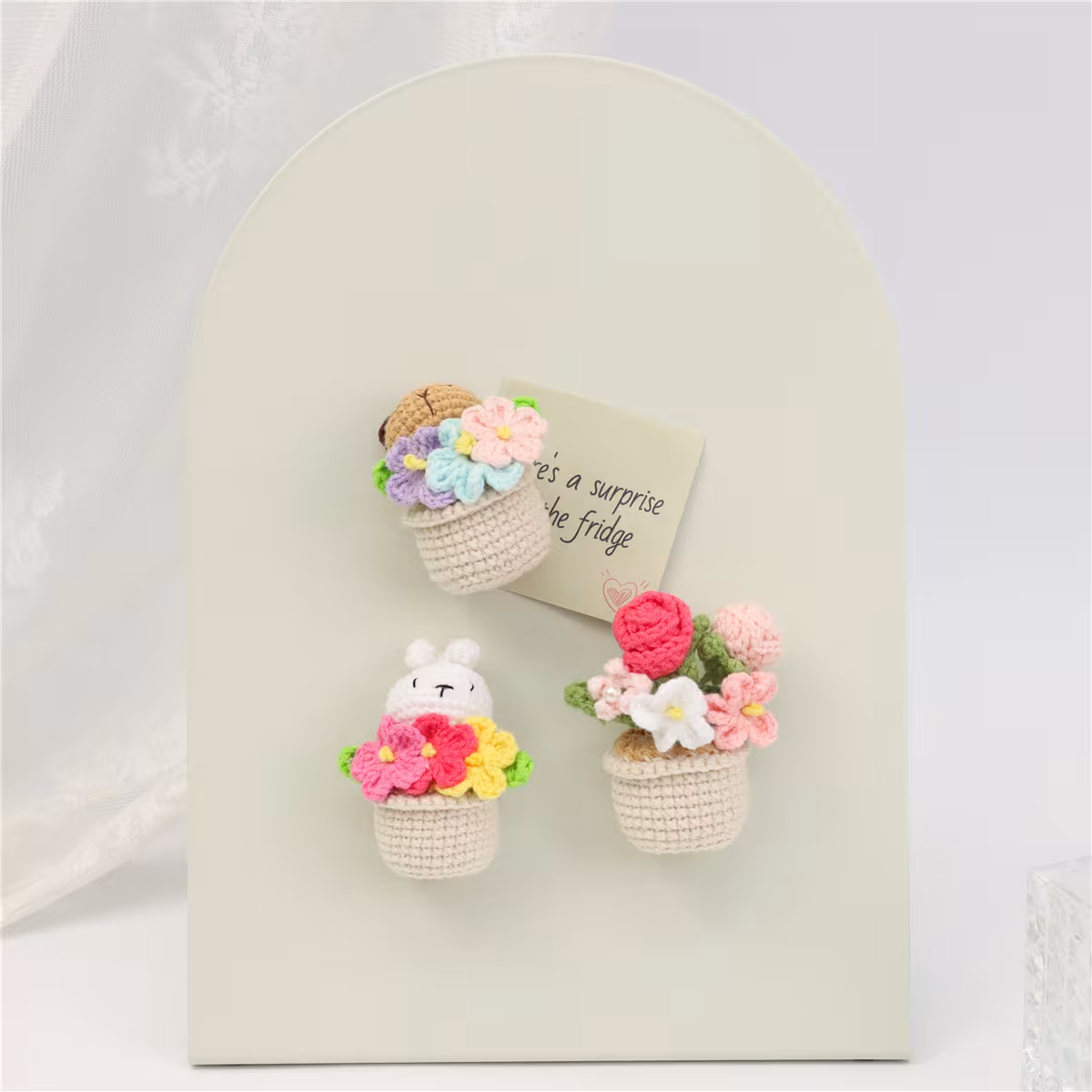 Handmade Crochet Potted Doll Planter Three Piece Set With Lovely Little Animal Colorful Blossoms Soft Yarn Everlasting Crochet Decor Indoor Home Magnetic Decoration Ornament