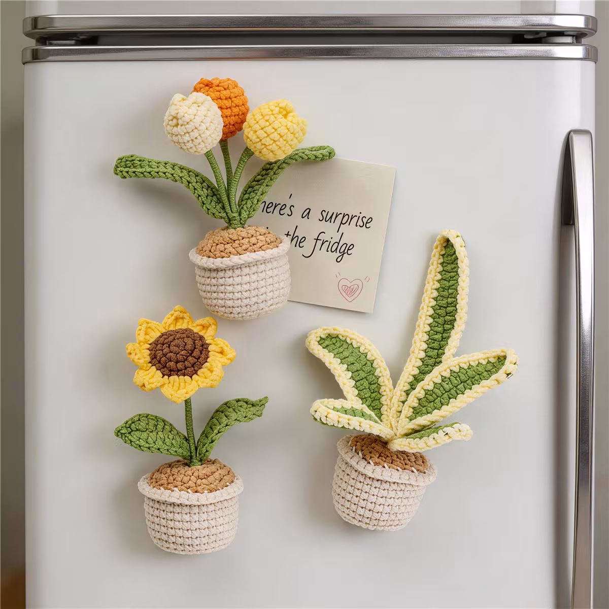 Handmade Crochet Potted Blossom Three Piece Set With Tulip Sunspot Flower Foliage Plant Soft Yarn Everlasting Crochet Decor Indoor Home Magnetic Decoration Ornament