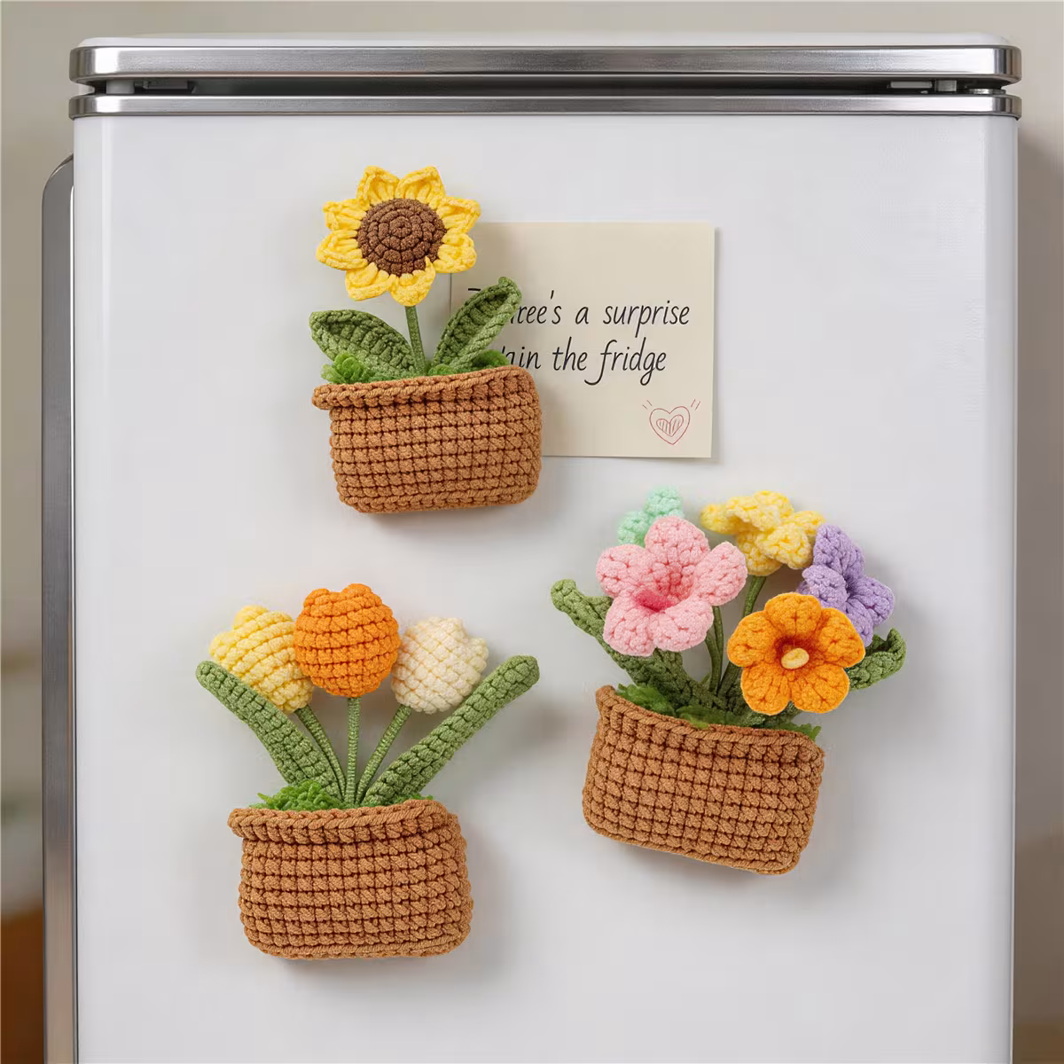 Handmade Crochet Square Flower Pot Blossom Three Piece Set With Sunflower Tulip Multicolored Flower Cluster Soft Yarn Everlasting Crochet Decor Indoor Home Magnetic Decoration Ornament