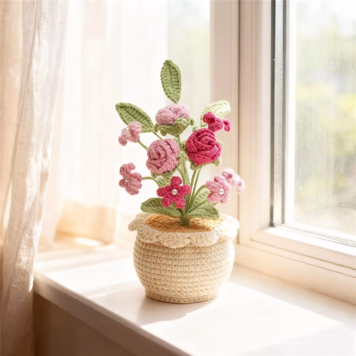 Handmade Crochet Mixed Rose Flower Potted Ornament Soft Yarn Everlasting Crochet Blossom Indoor Home Tabletop Decoration