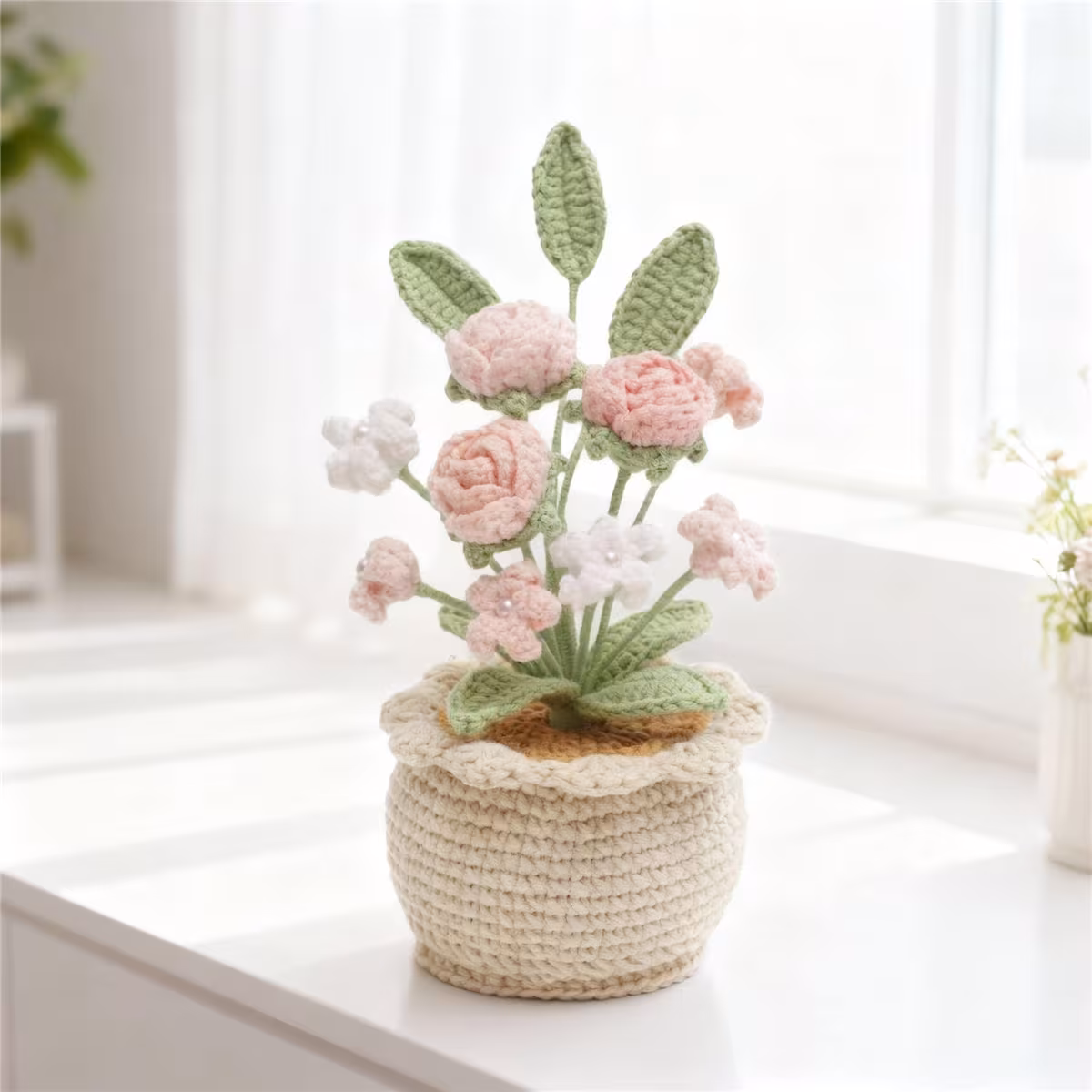 Handmade Crochet Mixed Rose Flower Potted Ornament Soft Yarn Everlasting Crochet Blossom Indoor Home Tabletop Decoration