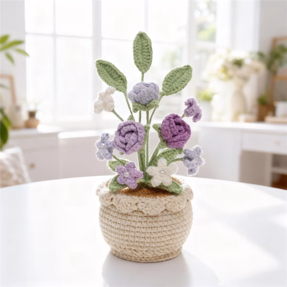 Handmade Crochet Mixed Rose Flower Potted Ornament Soft Yarn Everlasting Crochet Blossom Indoor Home Tabletop Decoration