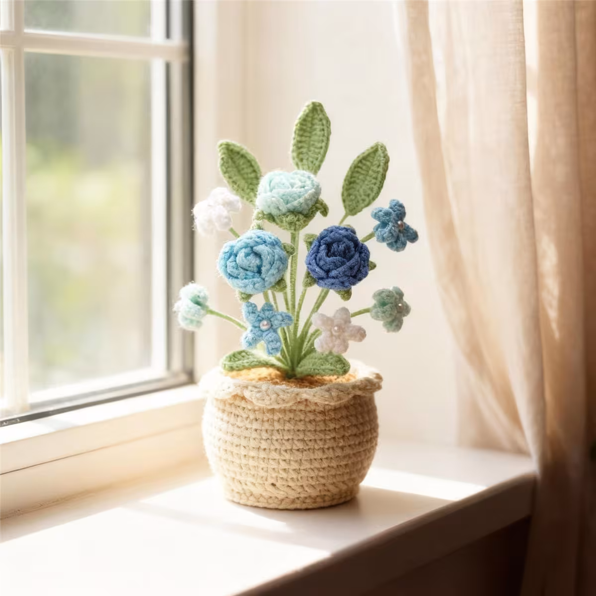Handmade Crochet Mixed Rose Flower Potted Ornament Soft Yarn Everlasting Crochet Blossom Indoor Home Tabletop Decoration