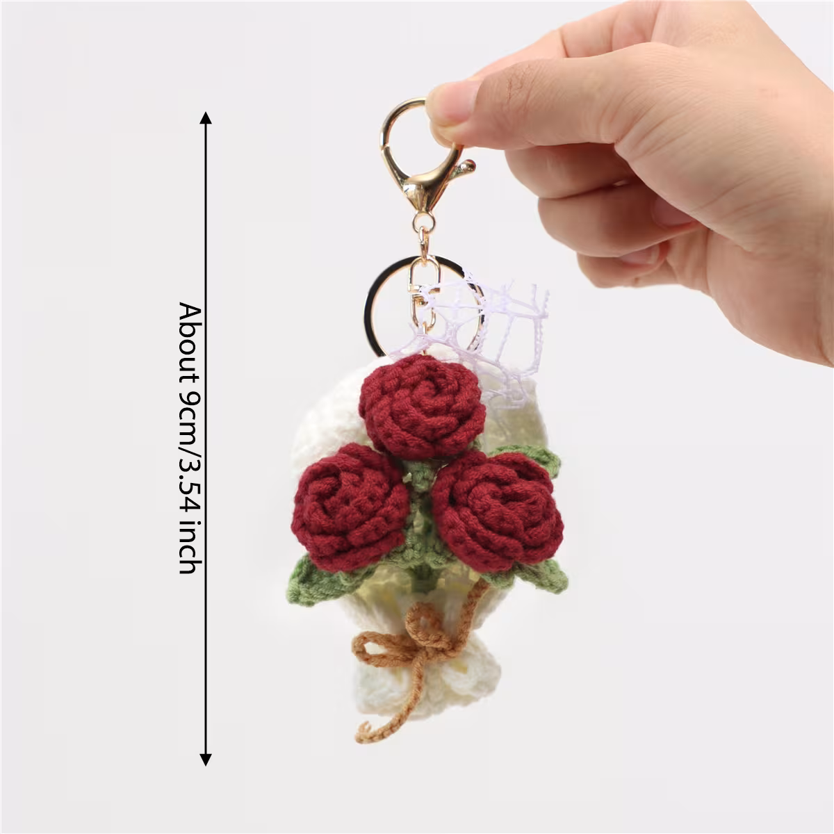 Handmade Crochet Red Rose Mixed Flower Bouquet With Matching Keychain For Valentine Gift Home Table Party Wedding Decoration