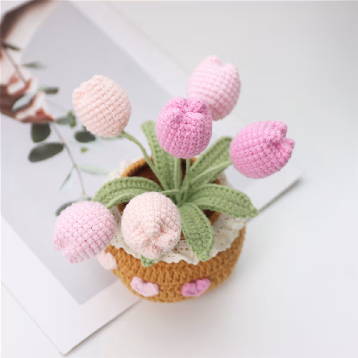 Handmade Crochet Multicolor Tulip Potted Ornament With Heart Decoration And Lace Trim For Birthday Gift Home Desk Decor