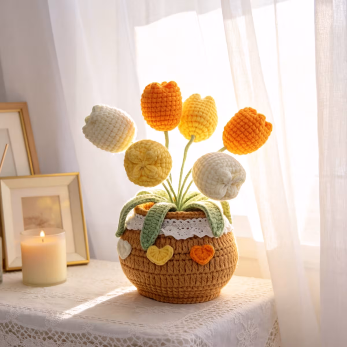 Handmade Crochet Multicolor Tulip Potted Ornament With Heart Decoration And Lace Trim For Birthday Gift Home Desk Decor