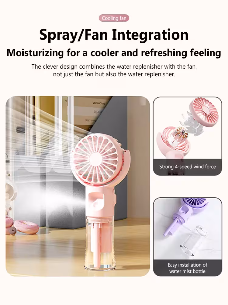 Portable Handheld Spray Fan 4-Speed Water Spray Mist Fan Summer Cooling Artifact USB Charging Summer Supplies Outdoor Mini Fan