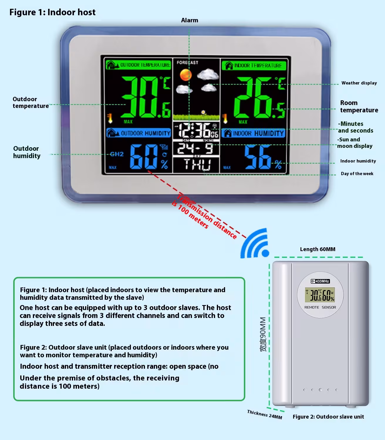 433MHZ Wireless Transmission Color Display Weather Forecast Bell