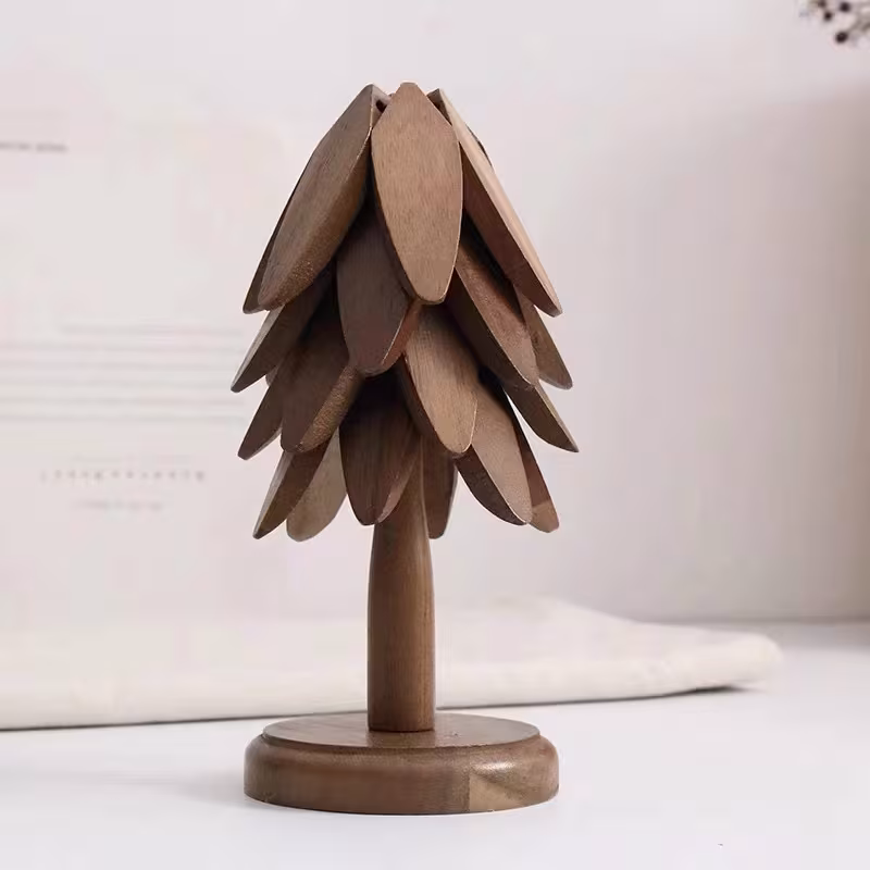 Wooden Christmas Tree Folding Coaster Black Walnut Thick Seat Adiabatic Pad For Kitchen Desktop Decoration Housewarming Gift
