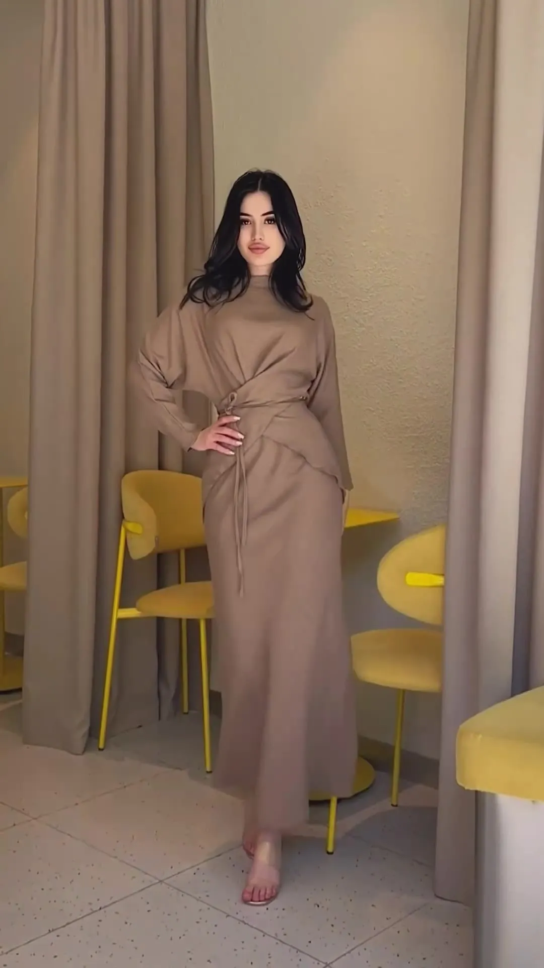 Solid Color Satin Cross Lace-up Nipped Waist Skirt Suit