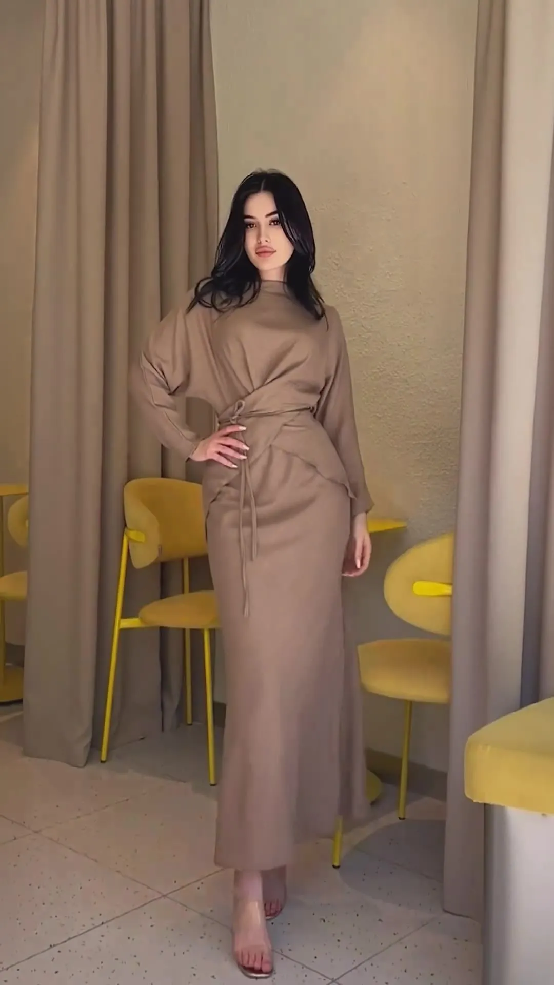 Solid Color Satin Cross Lace-up Nipped Waist Skirt Suit