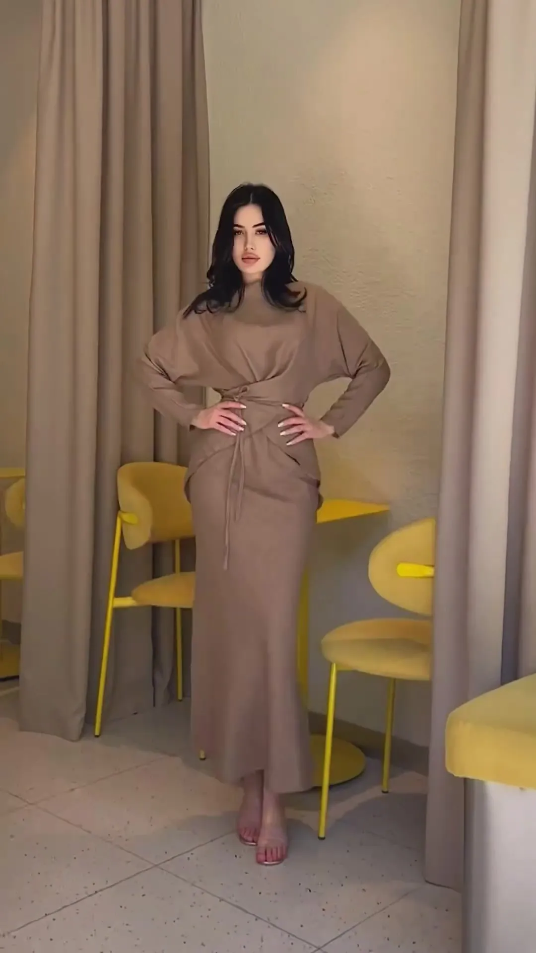 Solid Color Satin Cross Lace-up Nipped Waist Skirt Suit