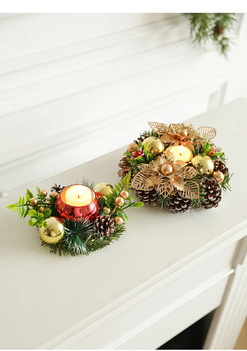 Christmas Candle Metals Candlestick Wreath Artificial Pinball Pinecone Candle Holder Fake Leaves Xmas New Year Home Table Decor