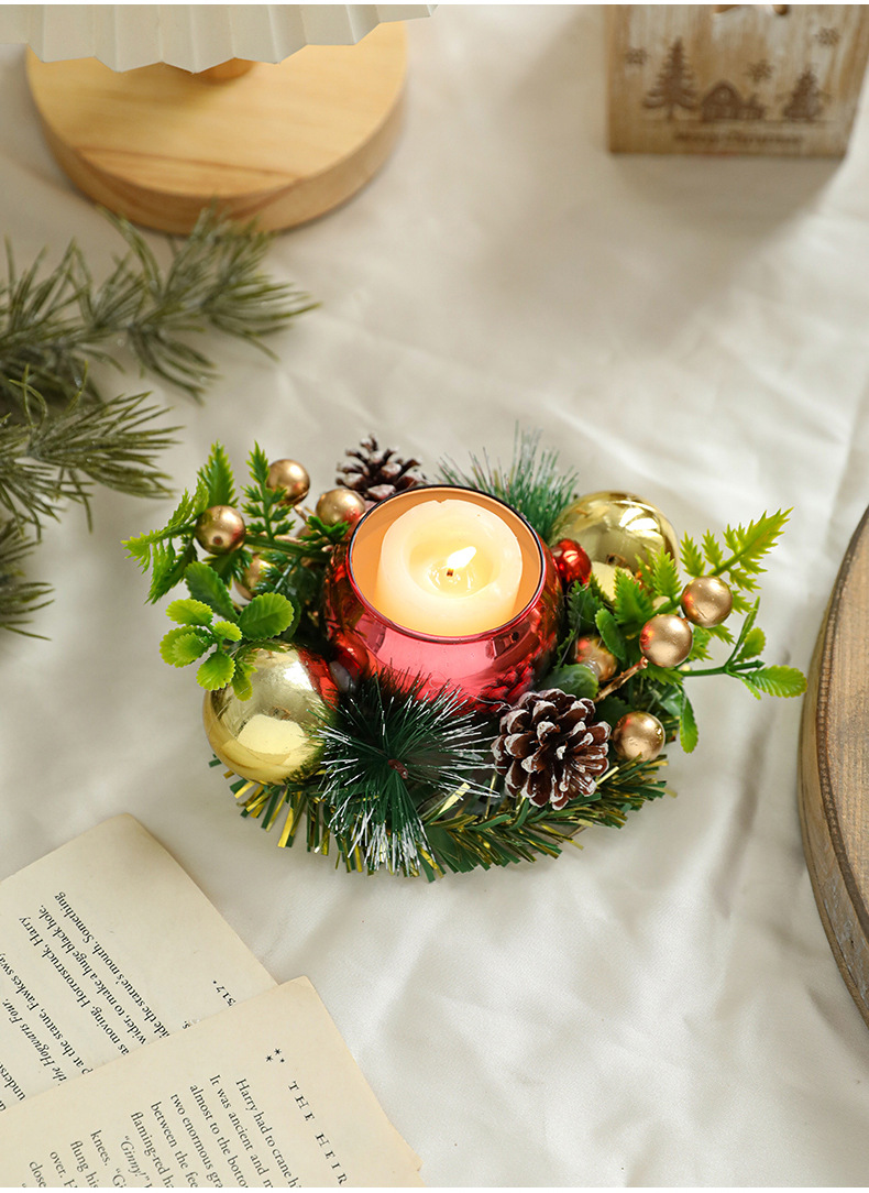 Christmas Candle Metals Candlestick Wreath Artificial Pinball Pinecone Candle Holder Fake Leaves Xmas New Year Home Table Decor