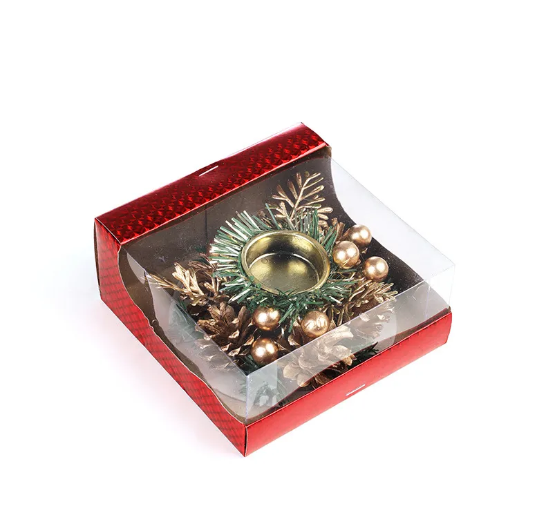 Christmas Candle Metals Candlestick Wreath Artificial Pinball Pinecone Candle Holder Fake Leaves Xmas New Year Home Table Decor