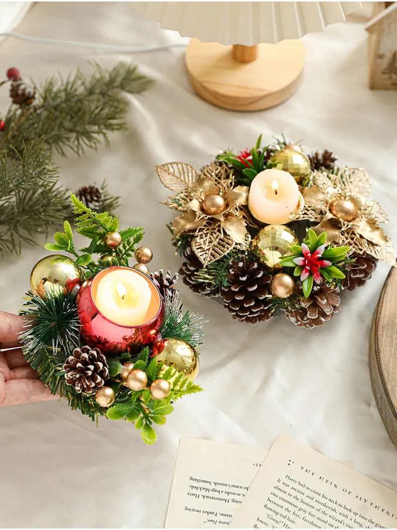 Christmas Candle Metals Candlestick Wreath Artificial Pinball Pinecone Candle Holder Fake Leaves Xmas New Year Home Table Decor