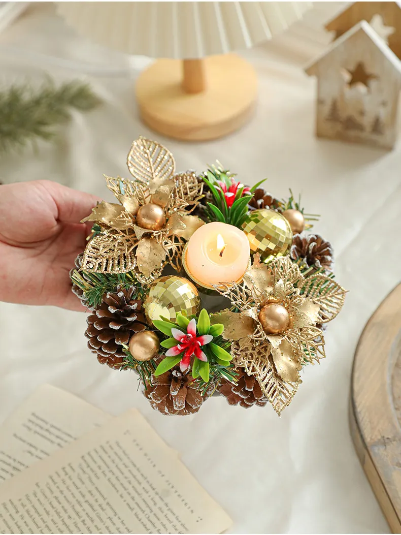 Christmas Candle Metals Candlestick Wreath Artificial Pinball Pinecone Candle Holder Fake Leaves Xmas New Year Home Table Decor