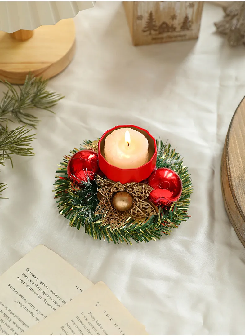 Christmas Candle Metals Candlestick Wreath Artificial Pinball Pinecone Candle Holder Fake Leaves Xmas New Year Home Table Decor