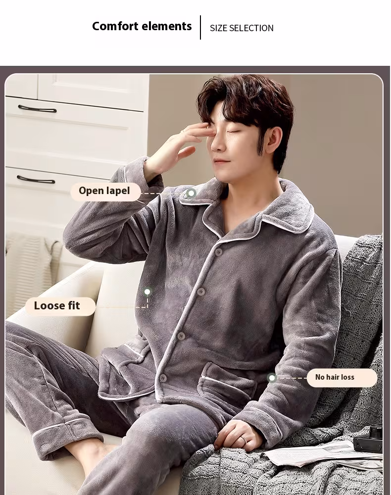 Autumn And Winter Flannel Men's Pajamas Men's Lapel Cardigan