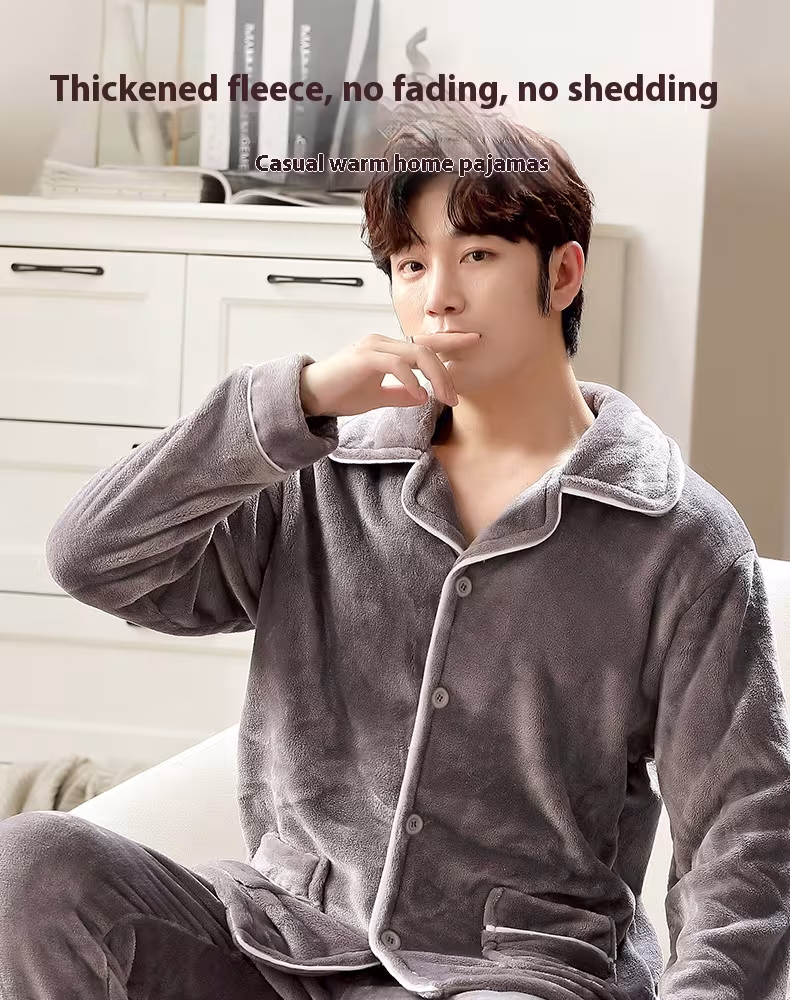 Autumn And Winter Flannel Men's Pajamas Men's Lapel Cardigan