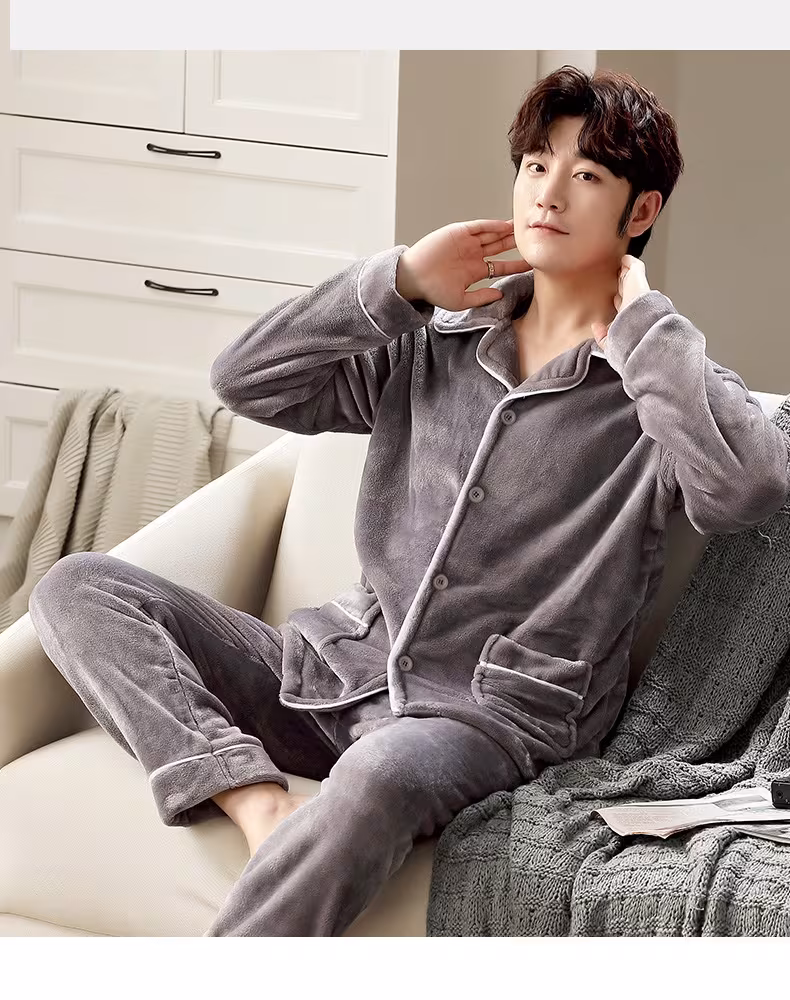 Autumn And Winter Flannel Men's Pajamas Men's Lapel Cardigan