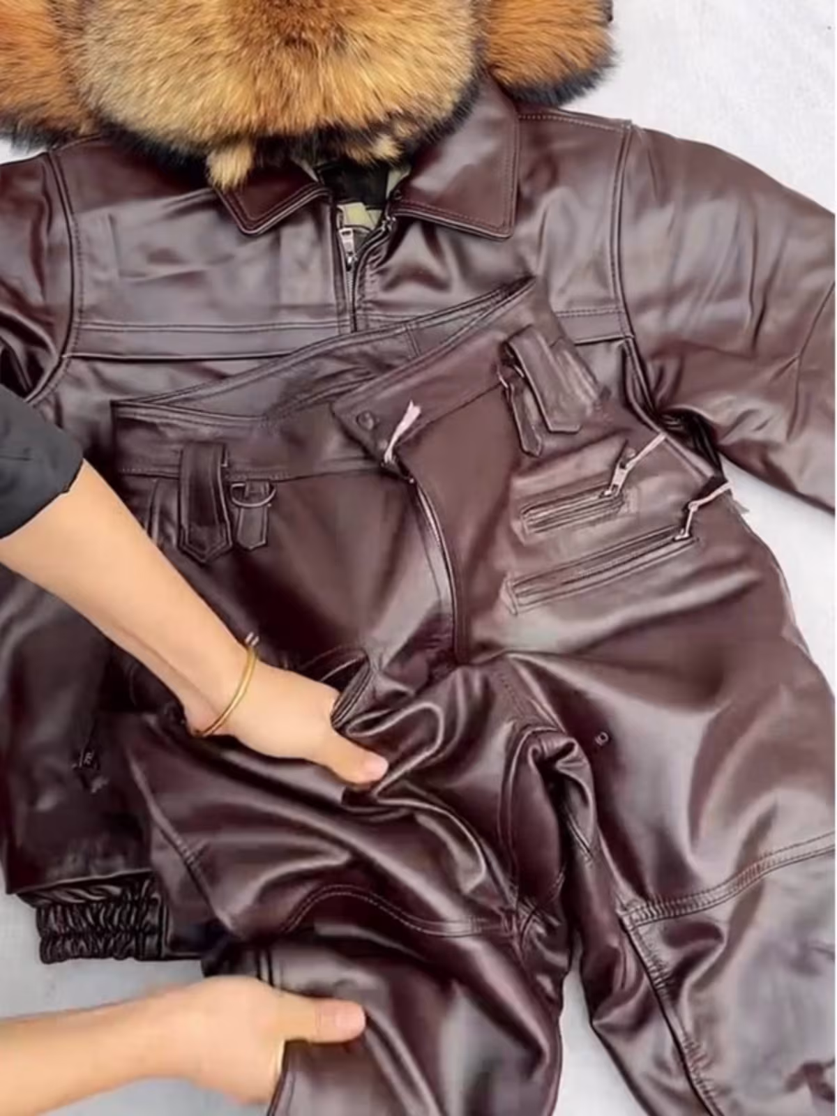 Brown With Velvet Leather Pants Loose Slimming