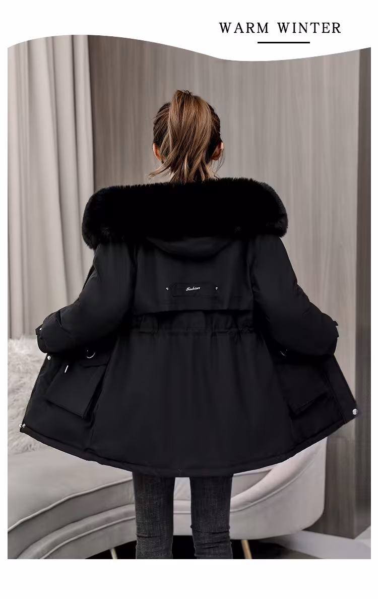 Waist Slimming Elegant Parka Cotton-padded Coat Fur Collar Western Style Velvet Lining Warm Coat