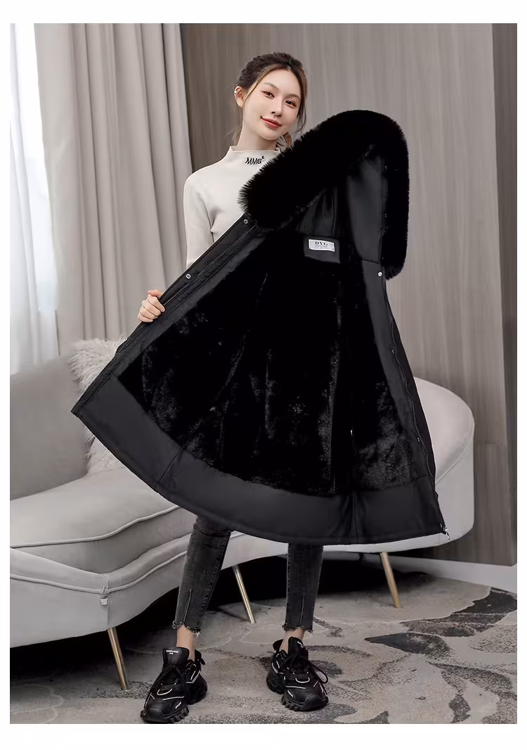 Waist Slimming Elegant Parka Cotton-padded Coat Fur Collar Western Style Velvet Lining Warm Coat