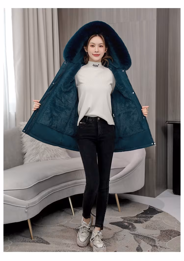 Waist Slimming Elegant Parka Cotton-padded Coat Fur Collar Western Style Velvet Lining Warm Coat