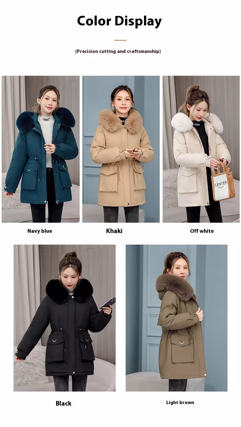 Waist Slimming Elegant Parka Cotton-padded Coat Fur Collar Western Style Velvet Lining Warm Coat