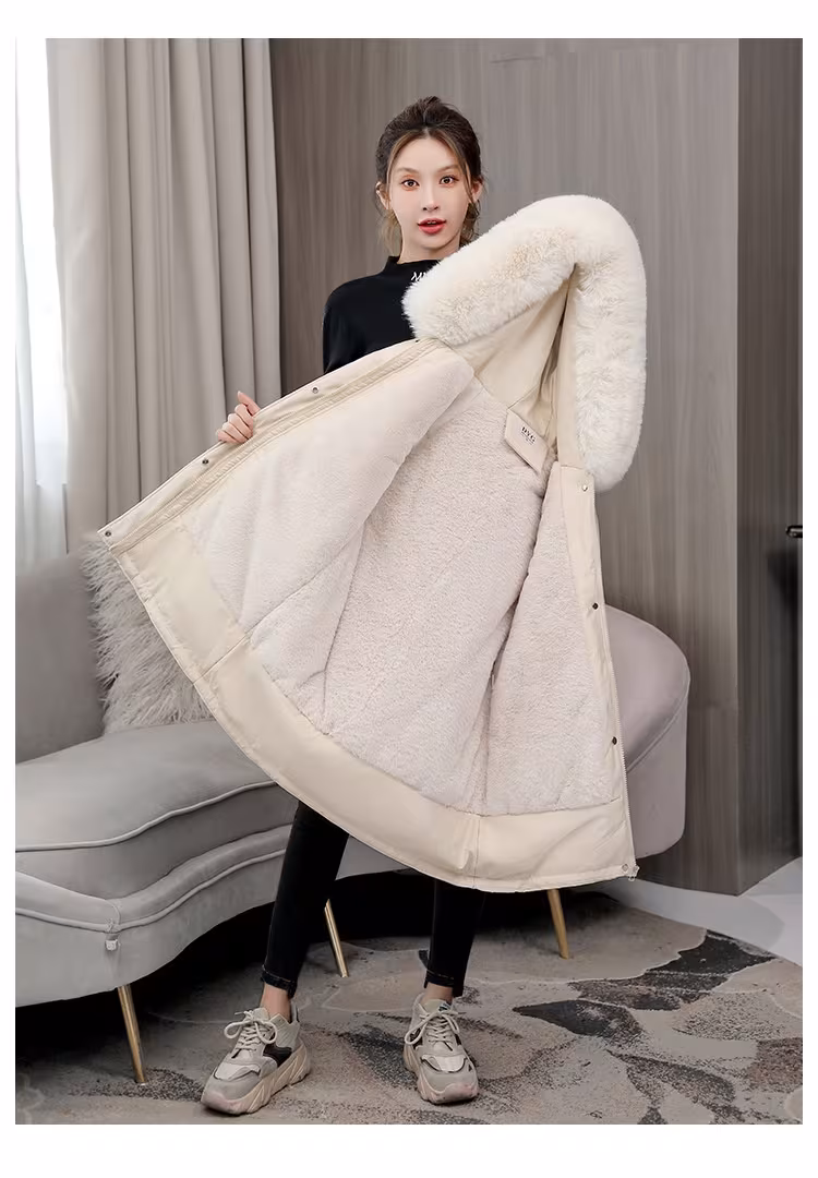 Waist Slimming Elegant Parka Cotton-padded Coat Fur Collar Western Style Velvet Lining Warm Coat