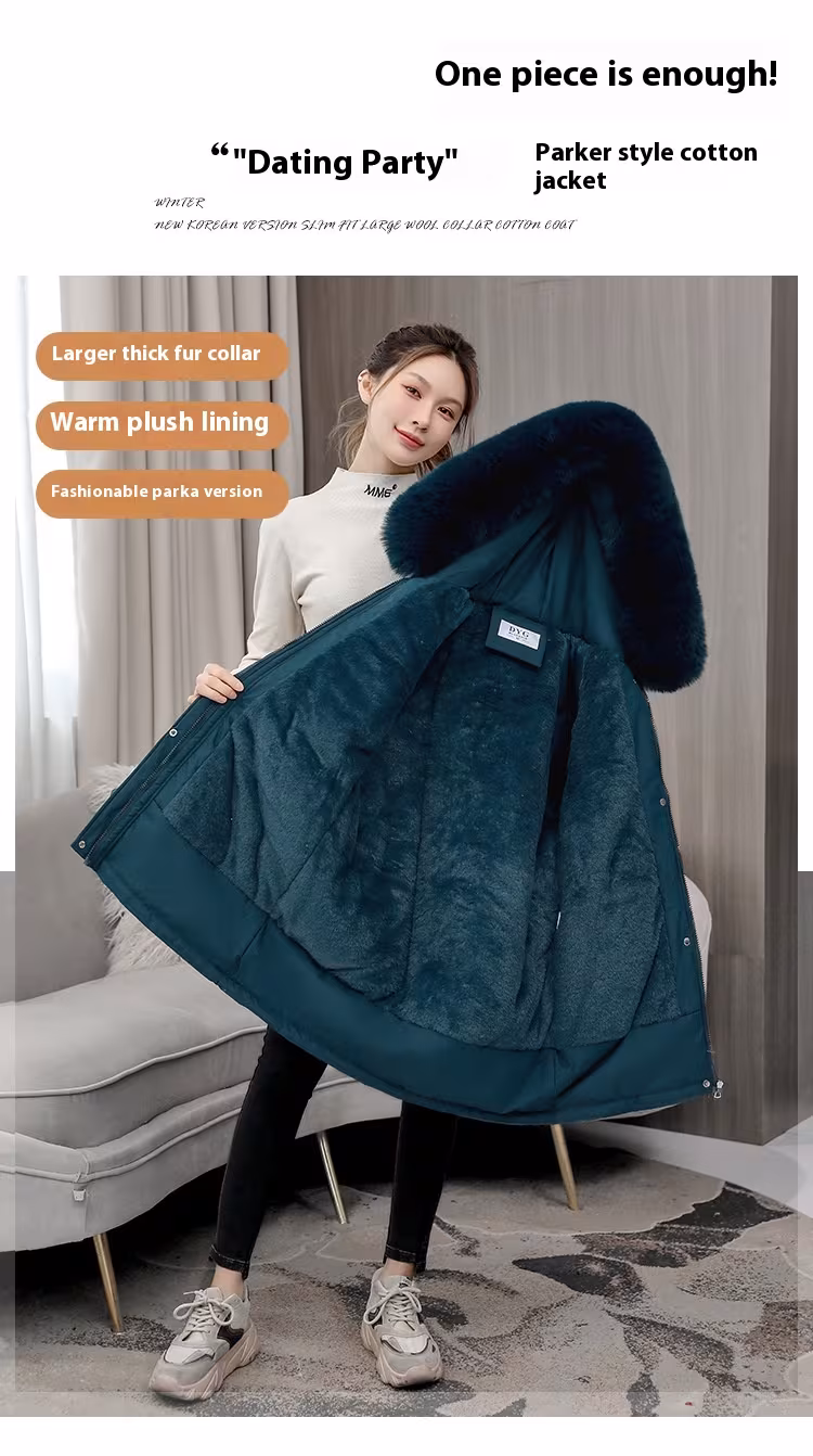 Waist Slimming Elegant Parka Cotton-padded Coat Fur Collar Western Style Velvet Lining Warm Coat