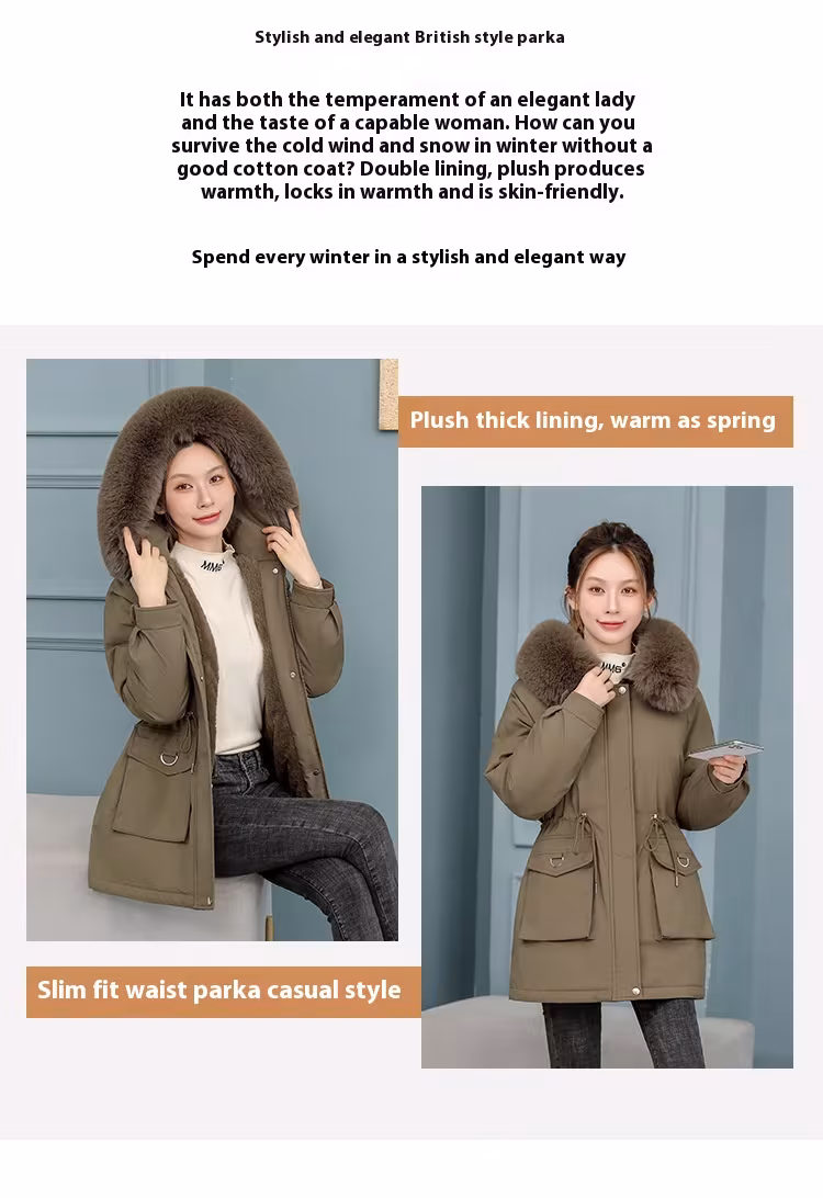 Waist Slimming Elegant Parka Cotton-padded Coat Fur Collar Western Style Velvet Lining Warm Coat