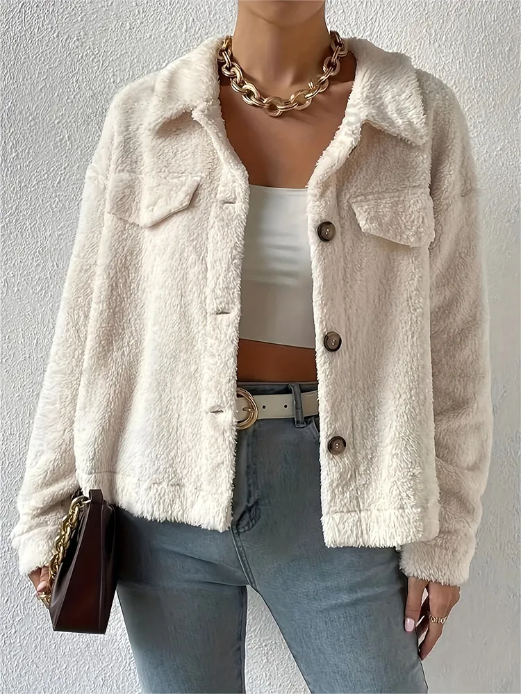 Short Velvet White Lapel Woolen Coat