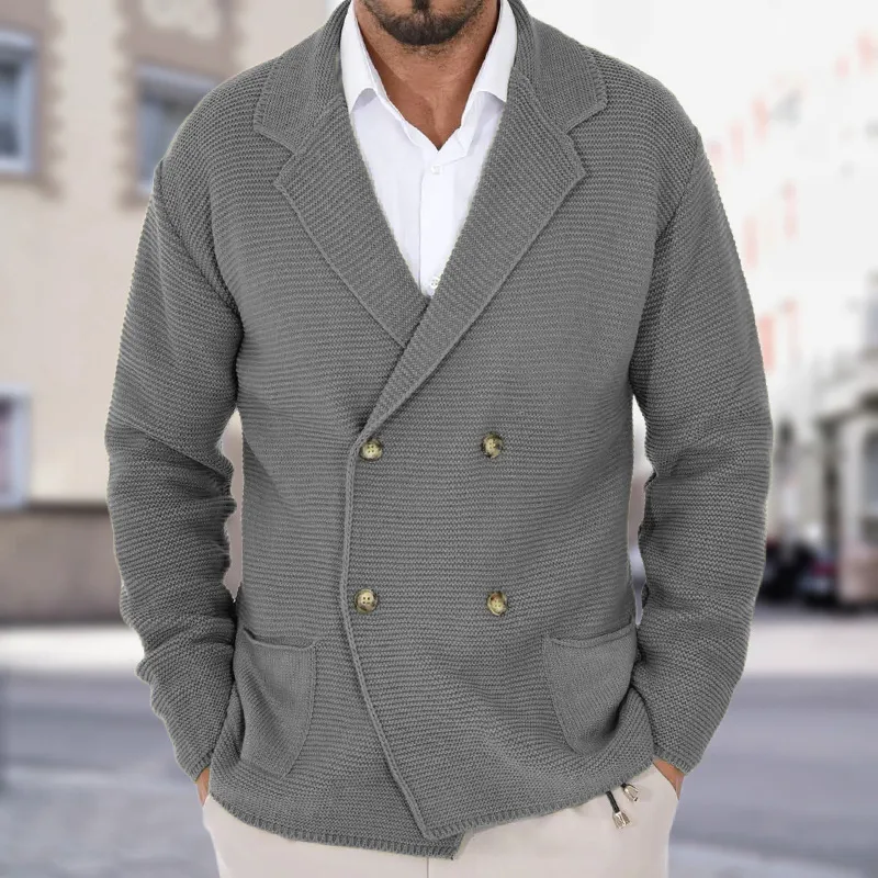 Cardigan Lapel Sweater Coat For Men Fall Winter Slim Double Breasted Sweaters Business Casual Style Lightweight Tops