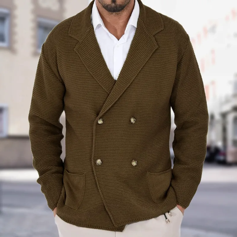 Cardigan Lapel Sweater Coat For Men Fall Winter Slim Double Breasted Sweaters Business Casual Style Lightweight Tops