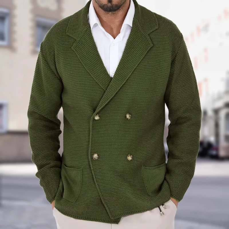 Cardigan Lapel Sweater Coat For Men Fall Winter Slim Double Breasted Sweaters Business Casual Style Lightweight Tops