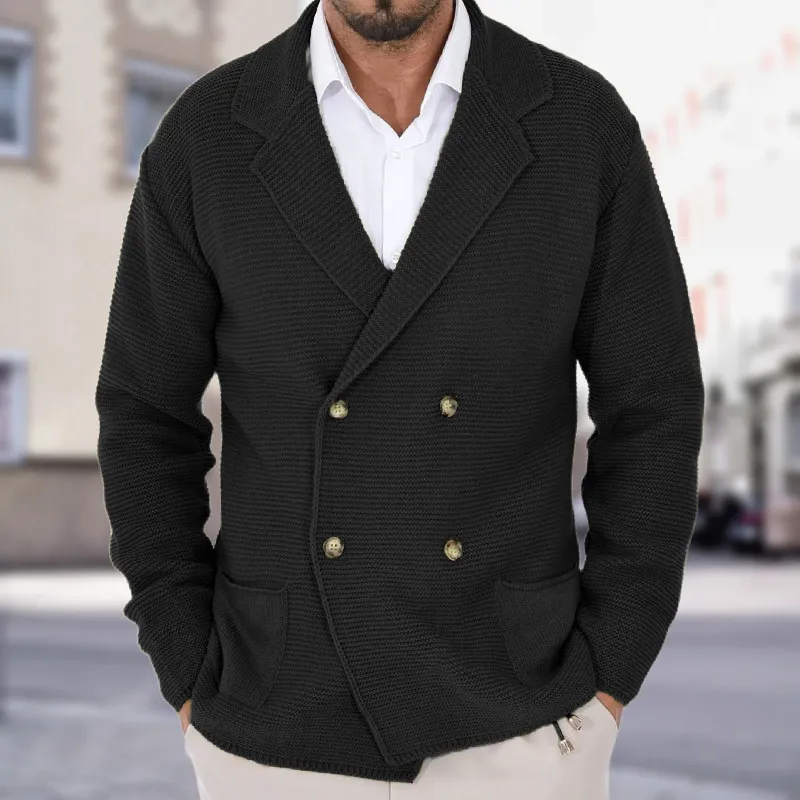 Cardigan Lapel Sweater Coat For Men Fall Winter Slim Double Breasted Sweaters Business Casual Style Lightweight Tops