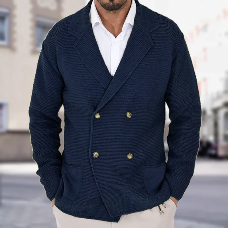 Cardigan Lapel Sweater Coat For Men Fall Winter Slim Double Breasted Sweaters Business Casual Style Lightweight Tops
