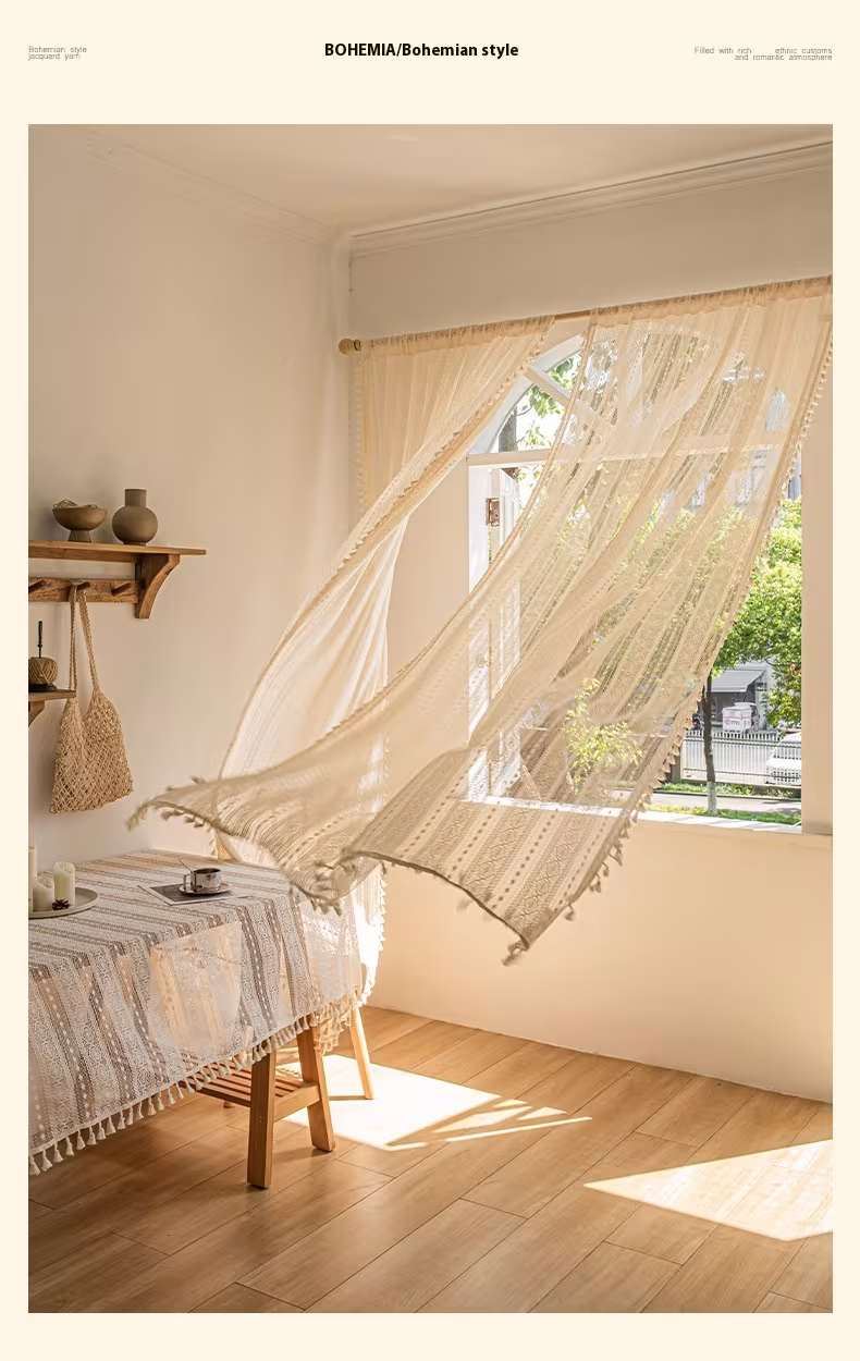 Wood Color Lace Mesh Curtains Living Room Bedroom