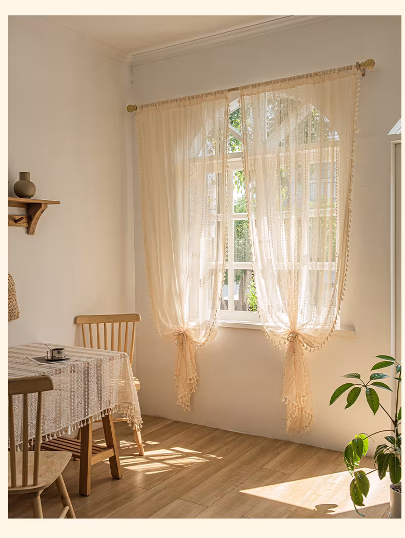 Wood Color Lace Mesh Curtains Living Room Bedroom