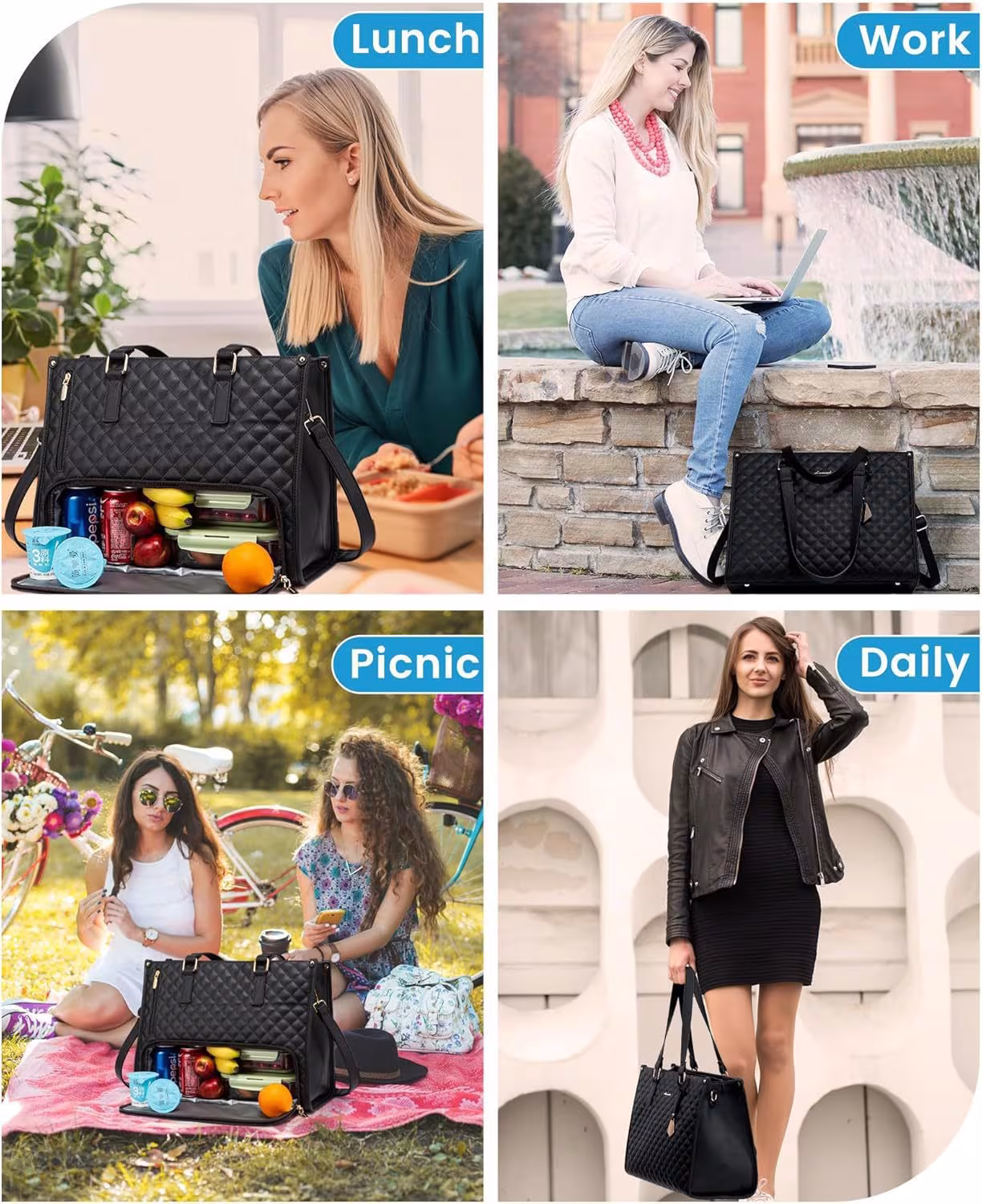 Fashionable Lunch Tote Bag Women's Thermal Insulation Lunch Box Leak-proof Crossbody Computer Storage Bag Quilted Large Capacity Handbag With Purse