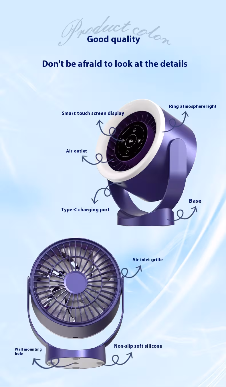 Desktop Adjustable Fan Light Rechargeable Wall Mount Table Fan Light Led Display Air Circulation Cooling USB Table Fan Light