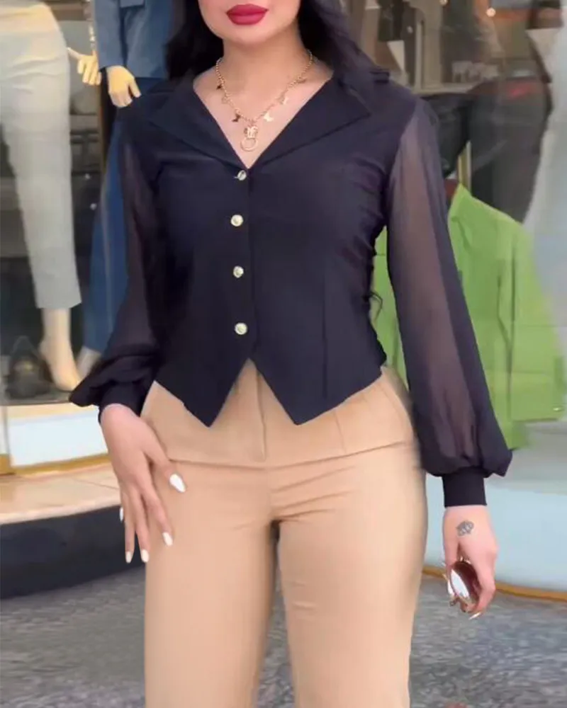 New European And American Style Fashion Mesh Patchwork Button Shirt Top