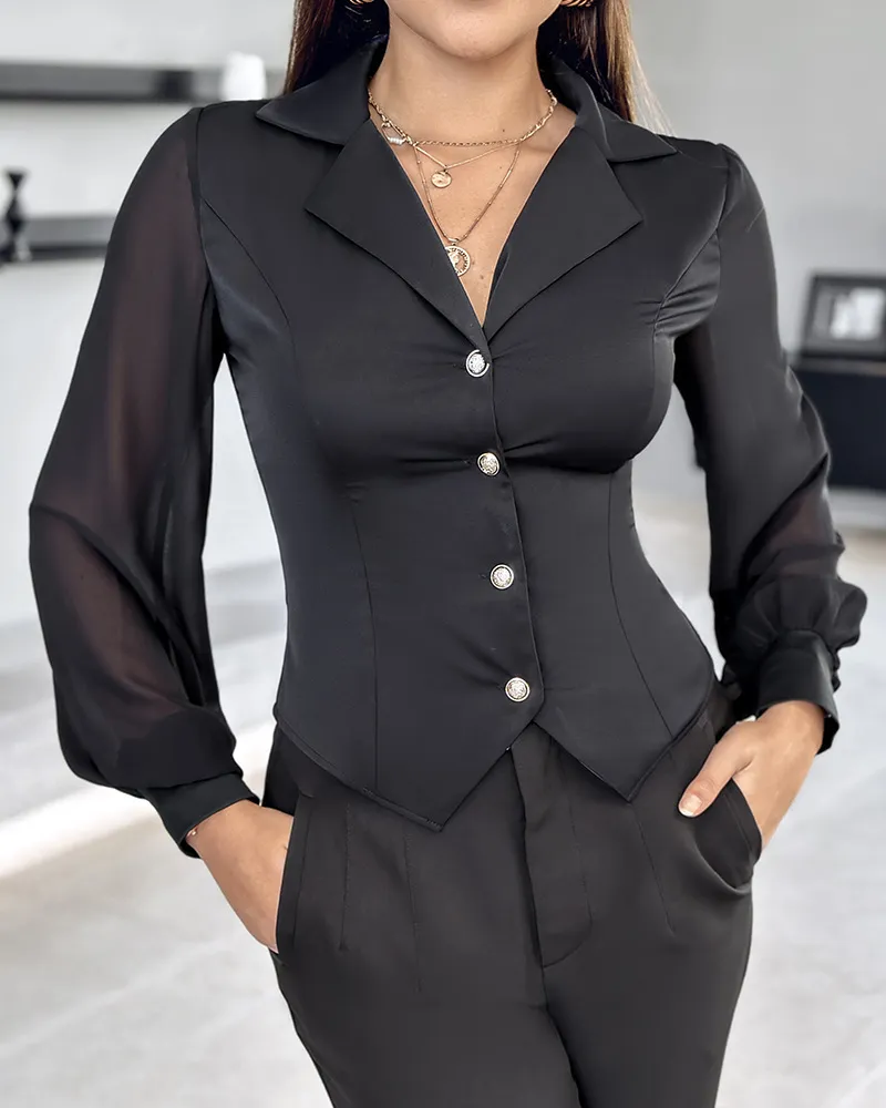 New European And American Style Fashion Mesh Patchwork Button Shirt Top