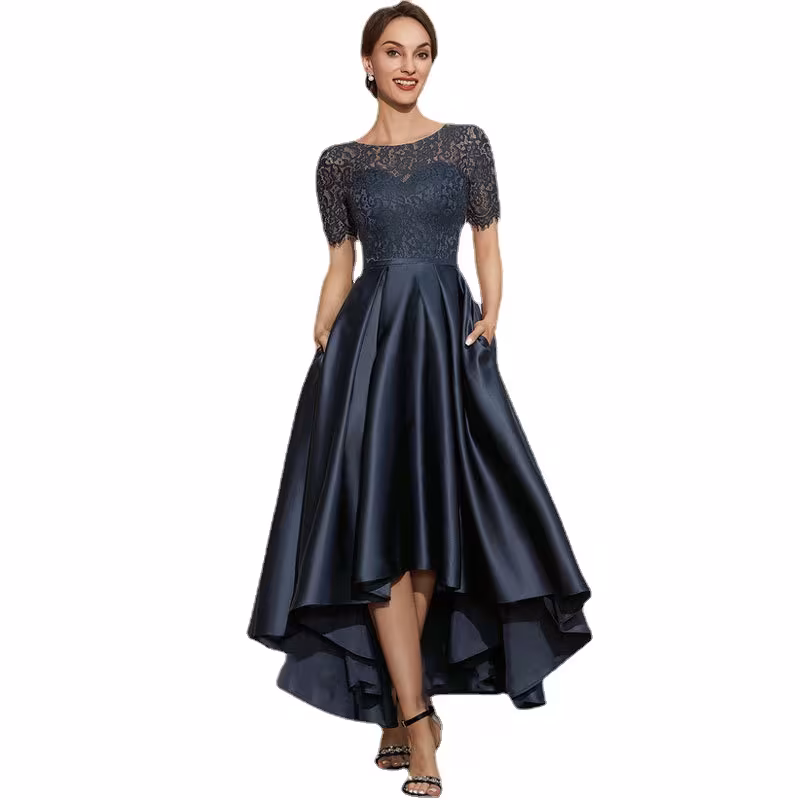 Navy Blue Satin Ball Lace Short Sleeve Dress